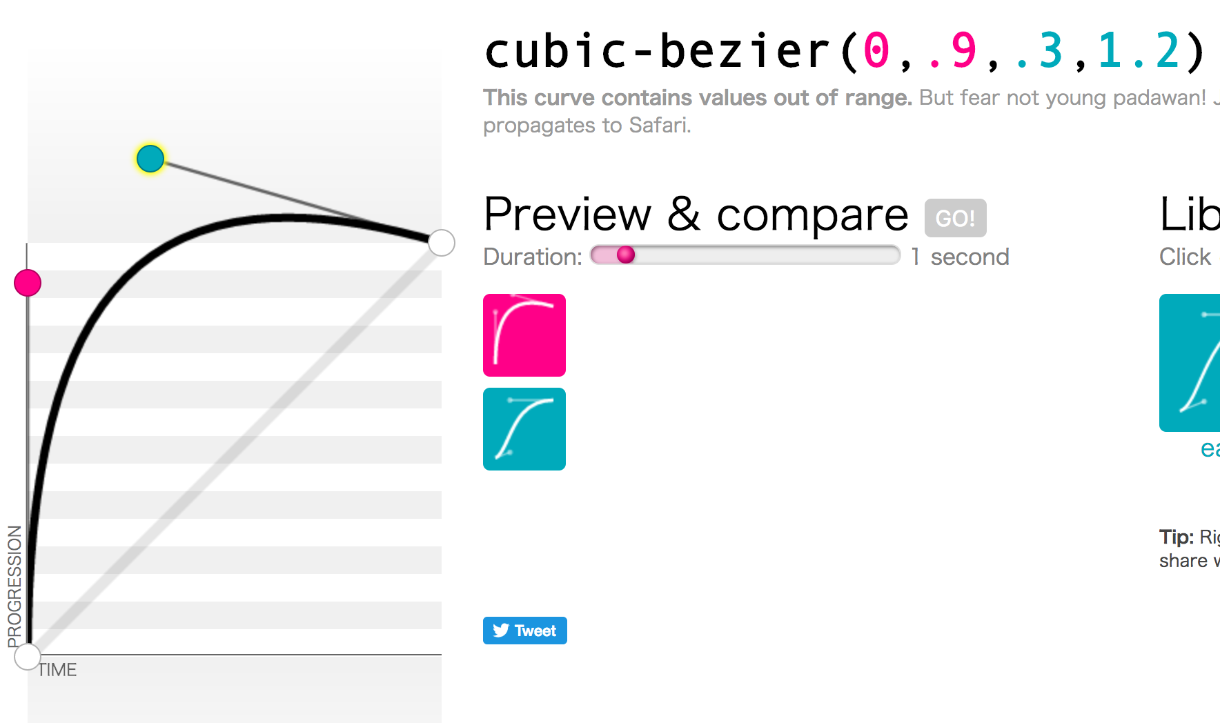 A bezier curve with points 0, .9, .3, 1.2